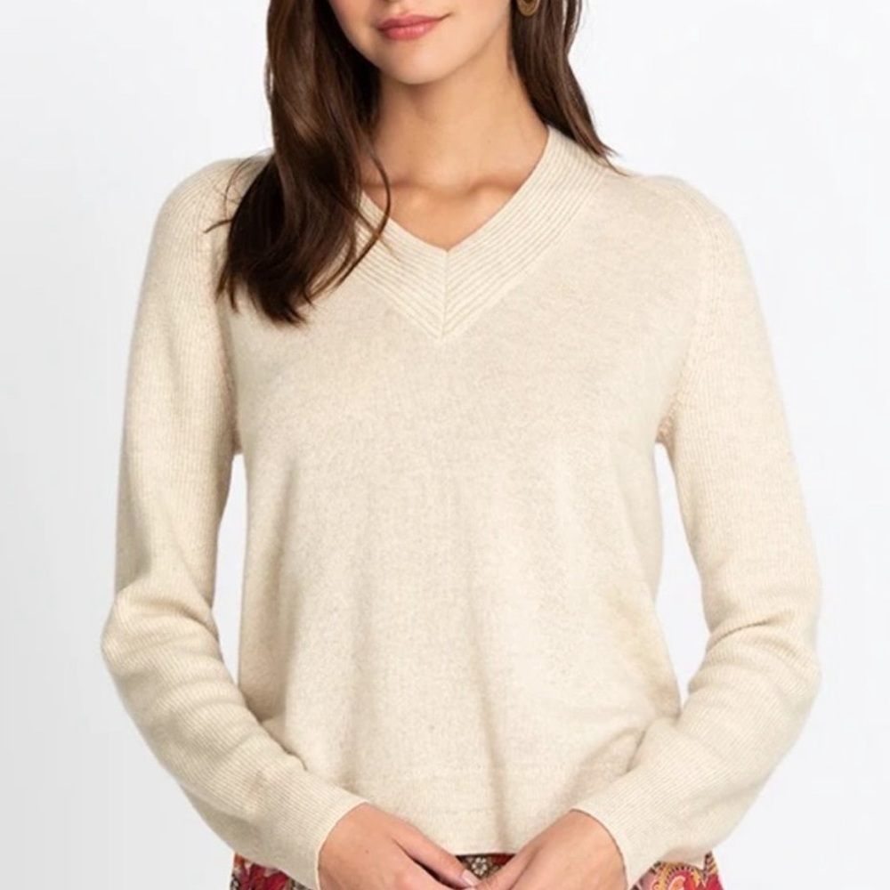 JOHNNY WAS Casey Cashmere Whipstitch Oat Colored Sweater With Pink Stitching